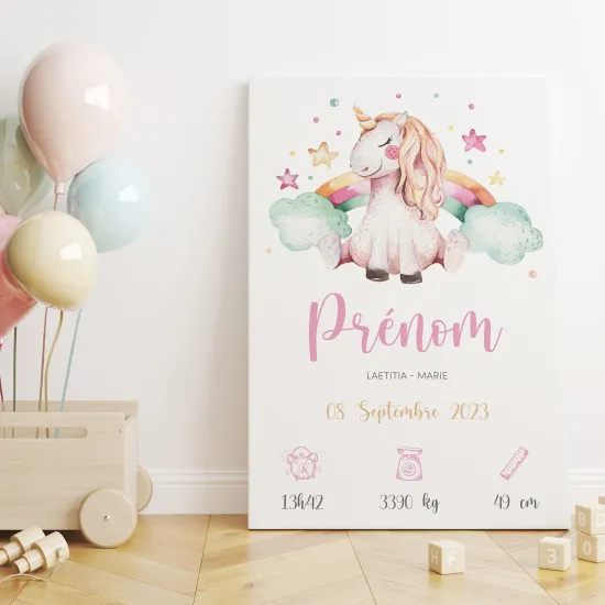 Personalized Baby Birth Canvas Print - Rainbow Unicorn