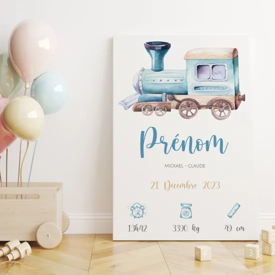 Personalized Baby Birth Canvas Print - Train