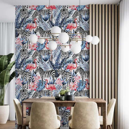 Wall Mural - Wallpaper - Zebra and pink flamingos