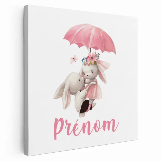 Personalized children's canvas print with name - Umbrella Rabbits