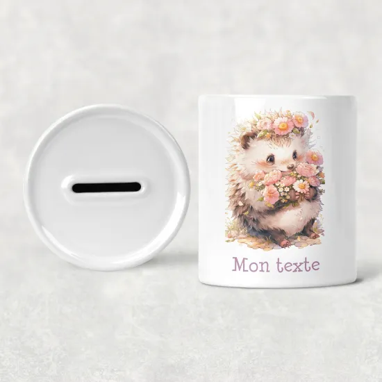 Personalized Kids / Children's Piggy Bank - Hedgehog flowers