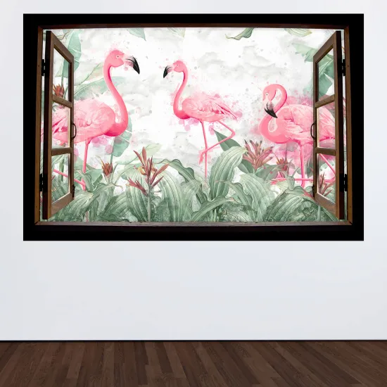 Optical Illusions Wood Window Wall Sticker for Kids - Pink flamingos
