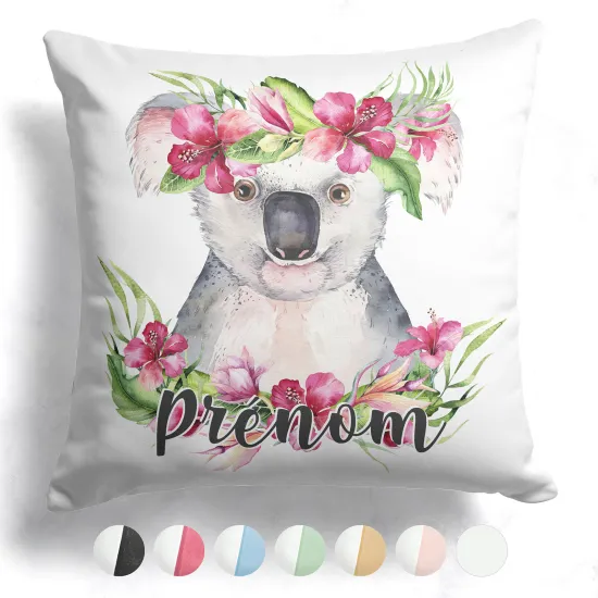 Coussin bicolore personnalisé - Koala fleurs