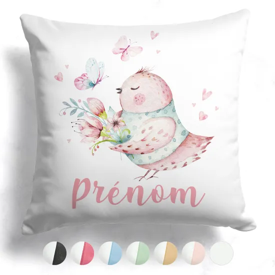 Coussin bicolore personnalisé - Oiseau fleurs