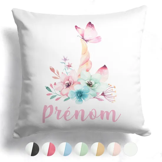 Coussin bicolore personnalisé - Licorne fleurs