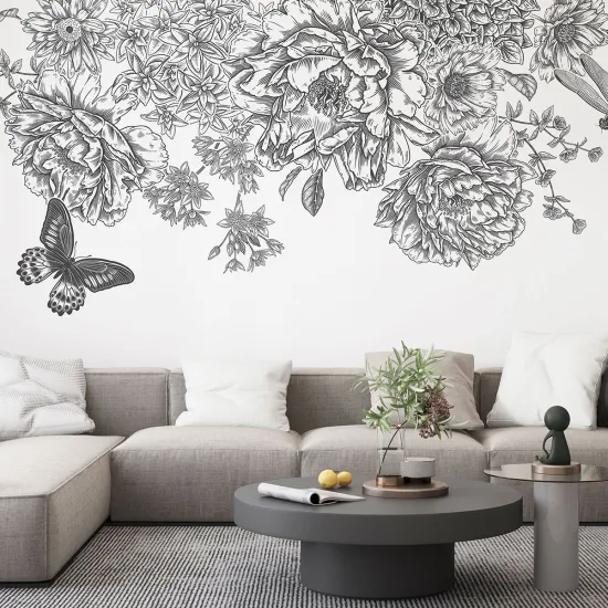 Panoramic Wallpaper - Wall Mural - Butterfly Flowers