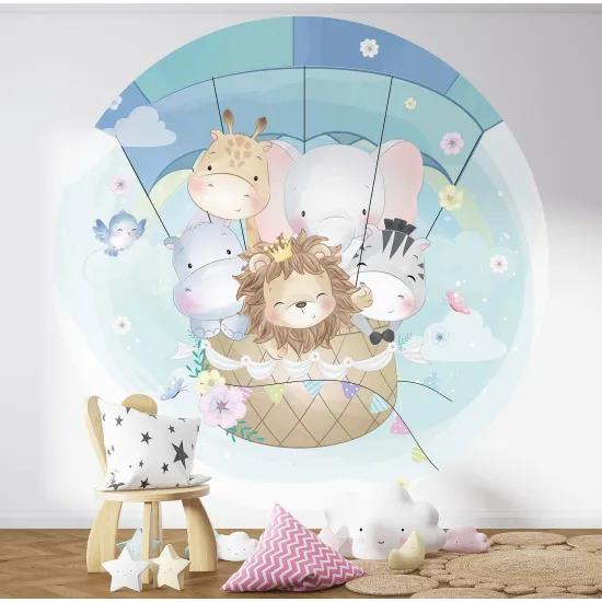 Round / Circle Wall Mural - Wallpaper for Kids - Hot Air Balloon Animals