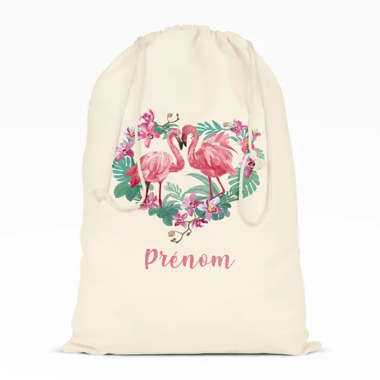 Personalized Drawstring bag for Kids - Pink flamingos heart