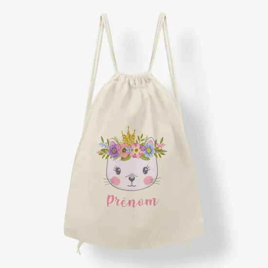 Personalized Drawstring Backpack for Kids - Flowered cat