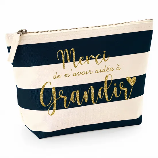 Pochette Nautical a rayures bleues foncées avec Écriture OR Pailletée - Merci de m'avoir aidée à grandir
