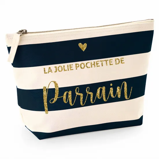 Pochette Nautical a rayures bleues foncées avec Écriture OR Pailletée - La jolie pochette de parrain