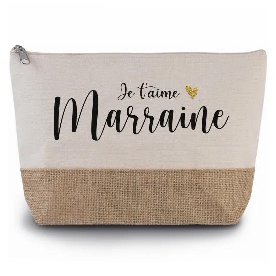 Pochette en toiles de coton et jute - Je t'aime marraine