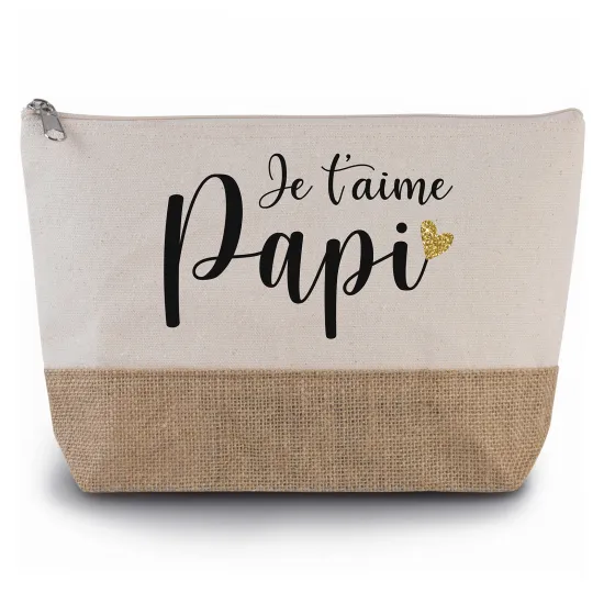 Pochette en toiles de coton et jute - Je t'aime papi