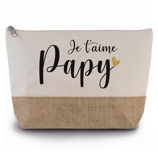 Pochette en toiles de coton et jute - Je t'aime papy