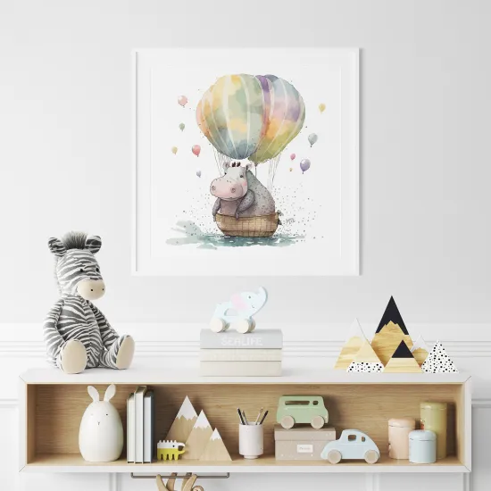 Poster / Affiche carrée Enfants - Montgolfière Hippopotame