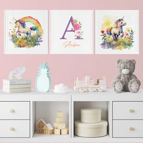 Personalized Set Of 3 Posters for Kids - Unicorns