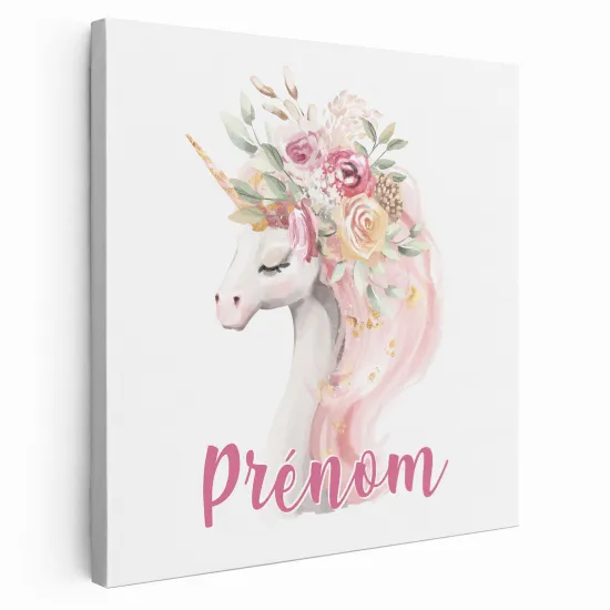 Tableau toile enfants personnalisée avec prénom - Licorne Fleurs
