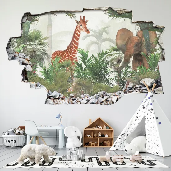 Hole In The Wall Sticker - Optical illusions - Jungle Animals