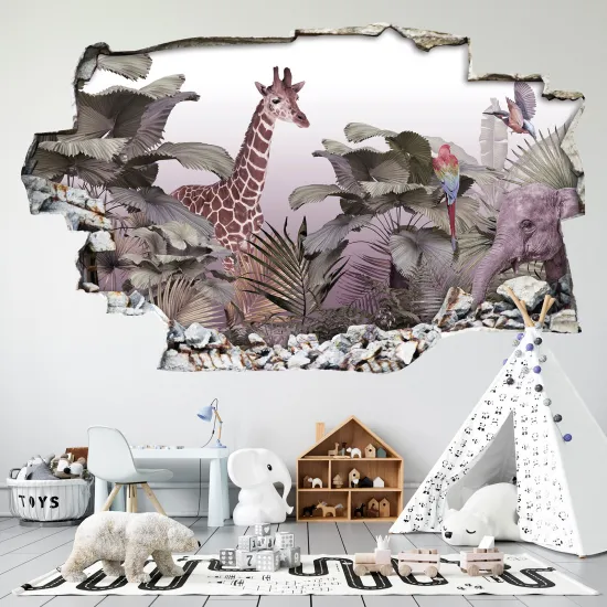 Hole In The Wall Sticker - Optical illusions - Jungle Animals