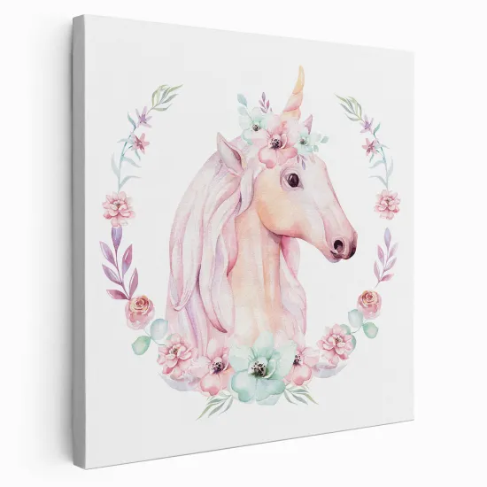 Tableau toile Enfants Carré - Licorne Fleurs