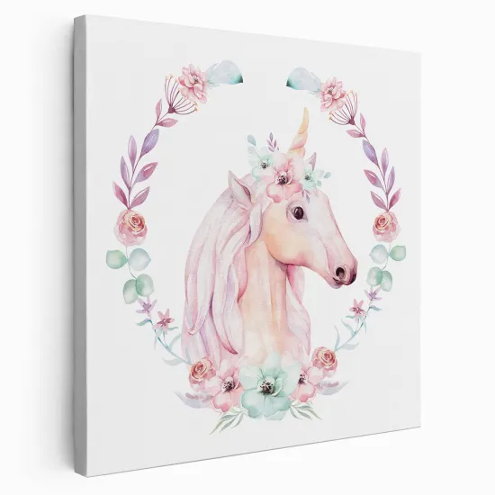 Tableau toile Enfants Carré - Licorne Fleurs