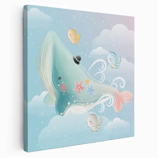 Tableau toile Enfants Carré - Baleine Oiseaux