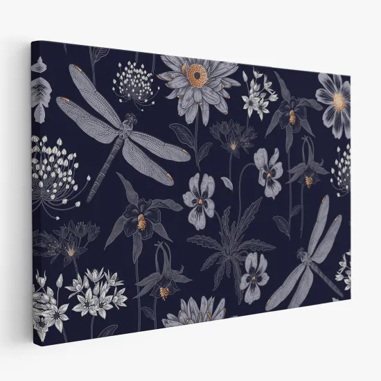 Leinwandbild - Blumen Libellen