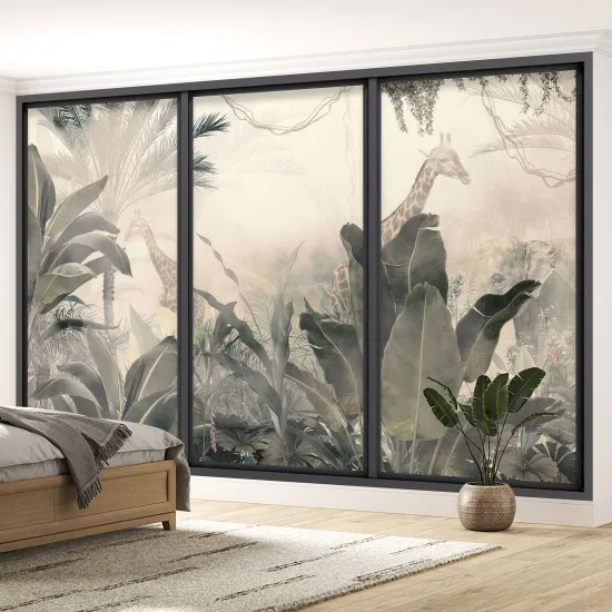 Optical Illusion Panoramic Bay Window Wall Mural / Wallpaper - Giraffes