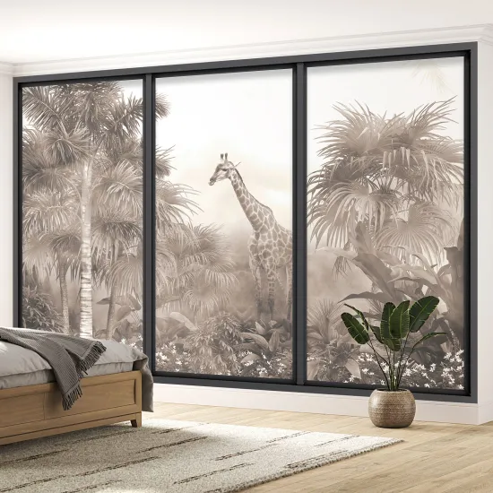 Optical Illusion Panoramic Bay Window Wall Mural / Wallpaper - Jungle Giraffe