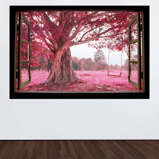Optical Illusions Wood Window Wall Sticker - Trees with pink leaves