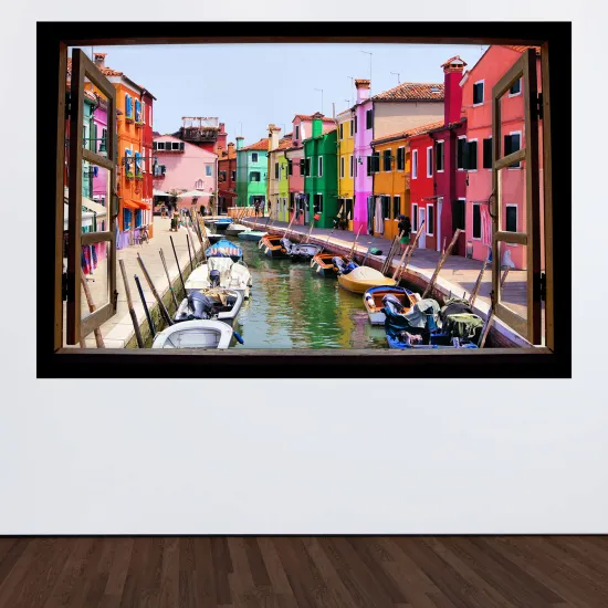 Optical Illusions Wood Window Wall Sticker - Burano Island