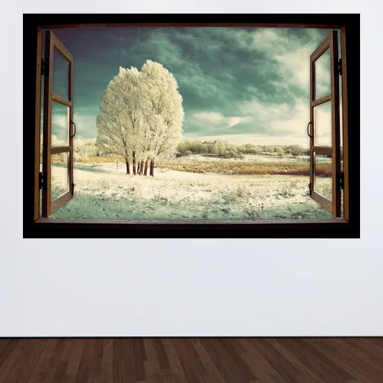 Optical Illusions Wood Window Wall Sticker - Winter Landscape