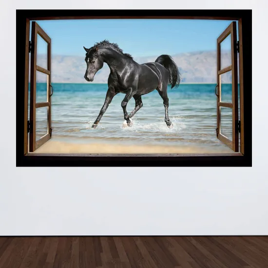 Stickers Trompe l'œil fenêtre en bois - Cheval