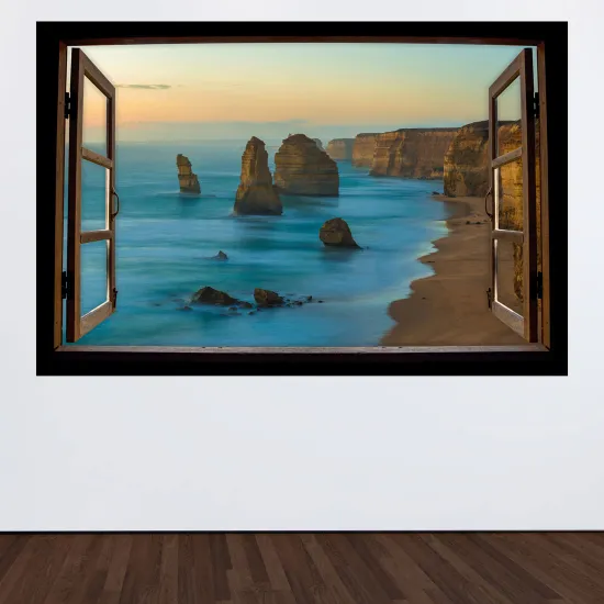 Stickers Trompe l'œil fenêtre en bois - Falaises