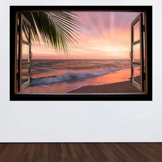Stickers Trompe l'œil fenêtre en bois - Plage couché de soleil