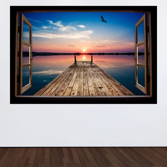 Stickers Trompe l'œil fenêtre en bois - Ponton couché de soleil