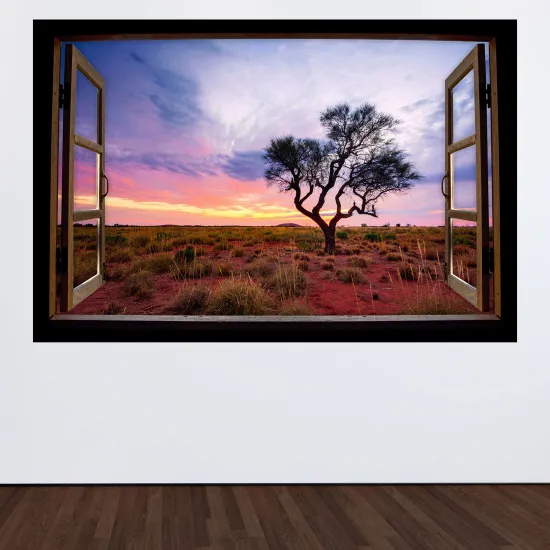 Stickers Trompe l'œil fenêtre en bois - Arbres