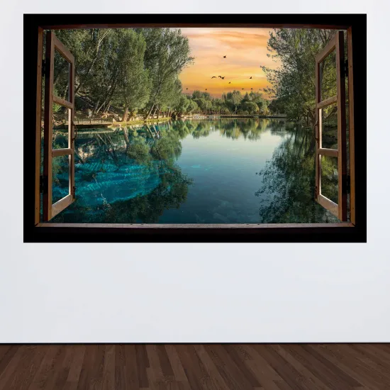 Stickers Trompe l'œil fenêtre en bois - Paysage