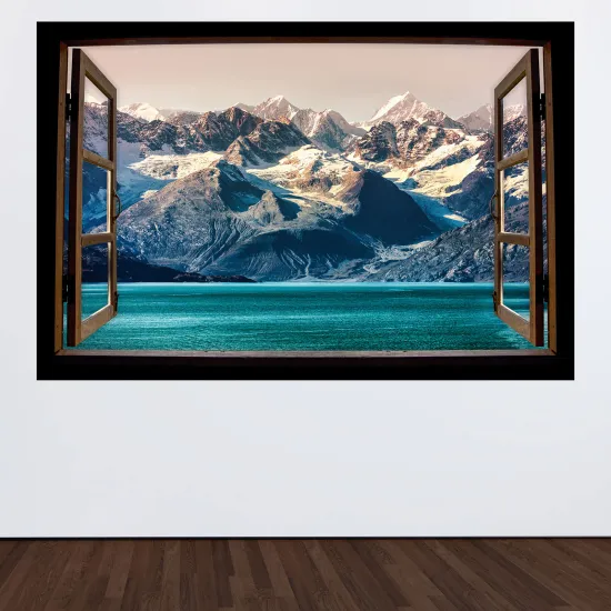 Stickers Trompe l'œil fenêtre en bois - Lac Montagnes