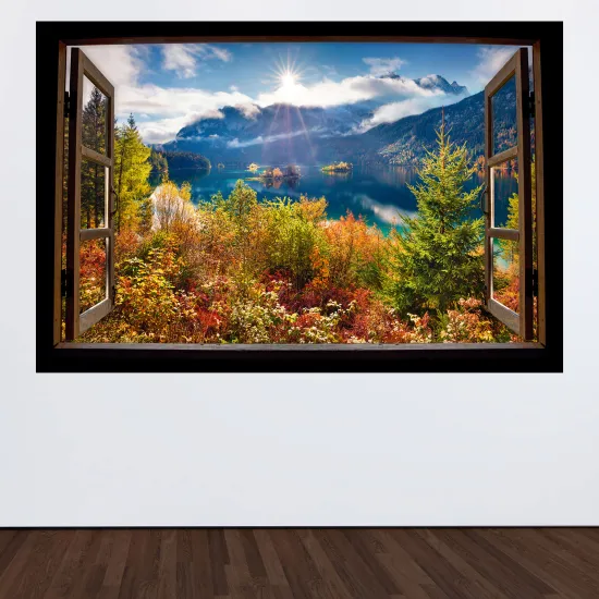 Stickers Trompe l'œil fenêtre en bois - Lac forêt