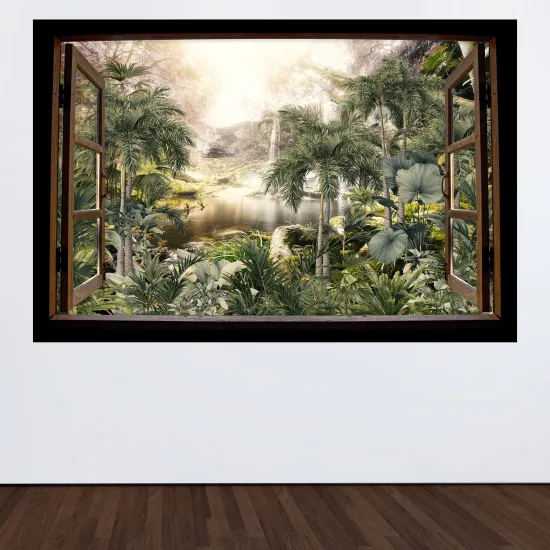 Stickers Trompe l'œil fenêtre en bois - Jungle