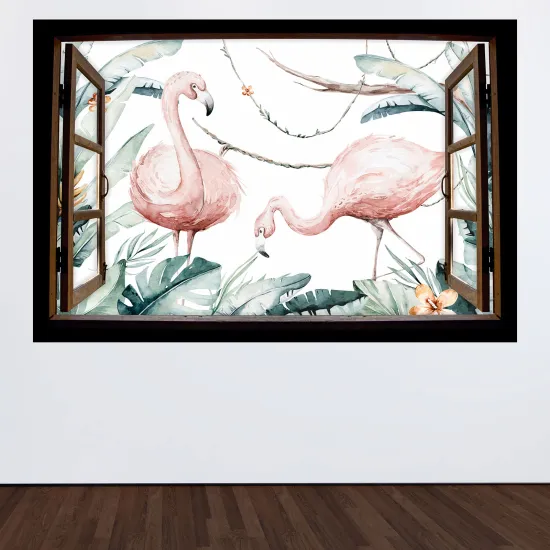 Stickers Trompe l'œil fenêtre en bois Enfants - Flamants roses