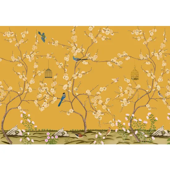 Panoramic Wallpaper - Wall Mural - Flowers Birds