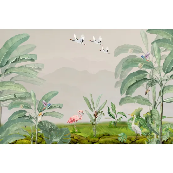 Panoramic Wallpaper - Wall Mural - Pink Flamingos