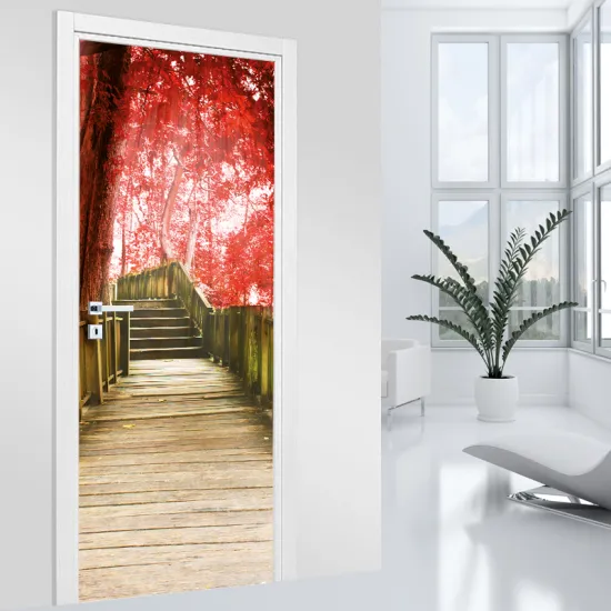 Stickers pour porte - Escaliers arbres rouges