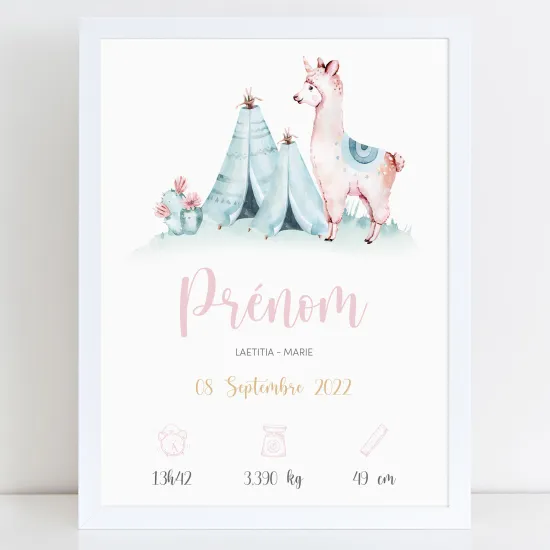 Affiche / Poster de naissance bébé - Lama