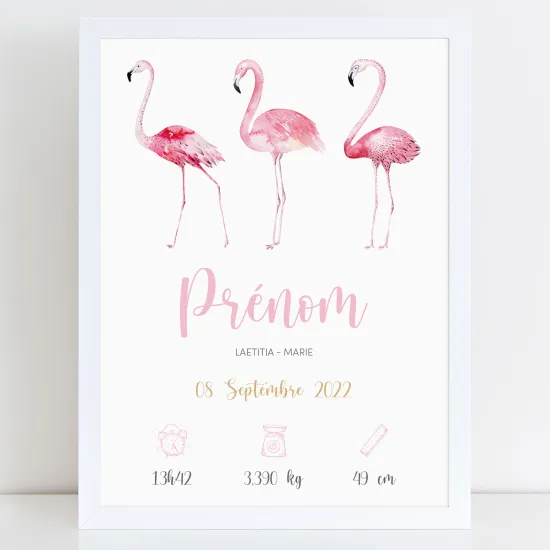 Affiche / Poster de naissance bébé - Flamants roses