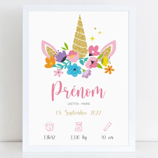Affiche / Poster de naissance bébé - Licorne