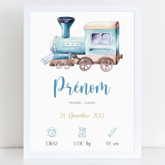 Affiche / Poster de naissance bébé - Train